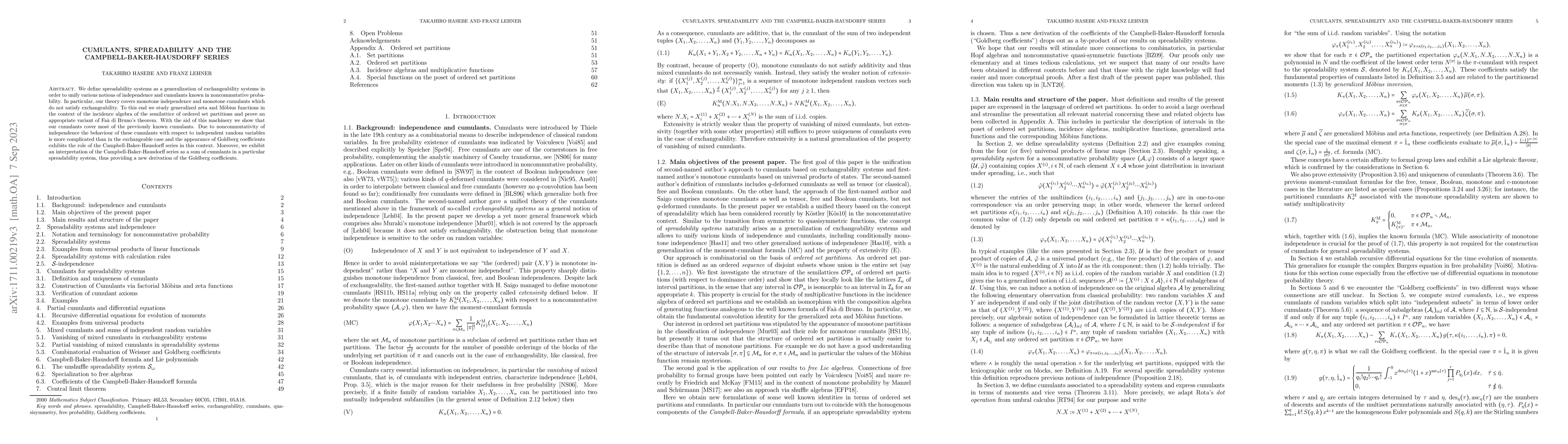 Thumbnail for Cumulants, Spreadability and the Campbell-Baker-Hausdorff Series