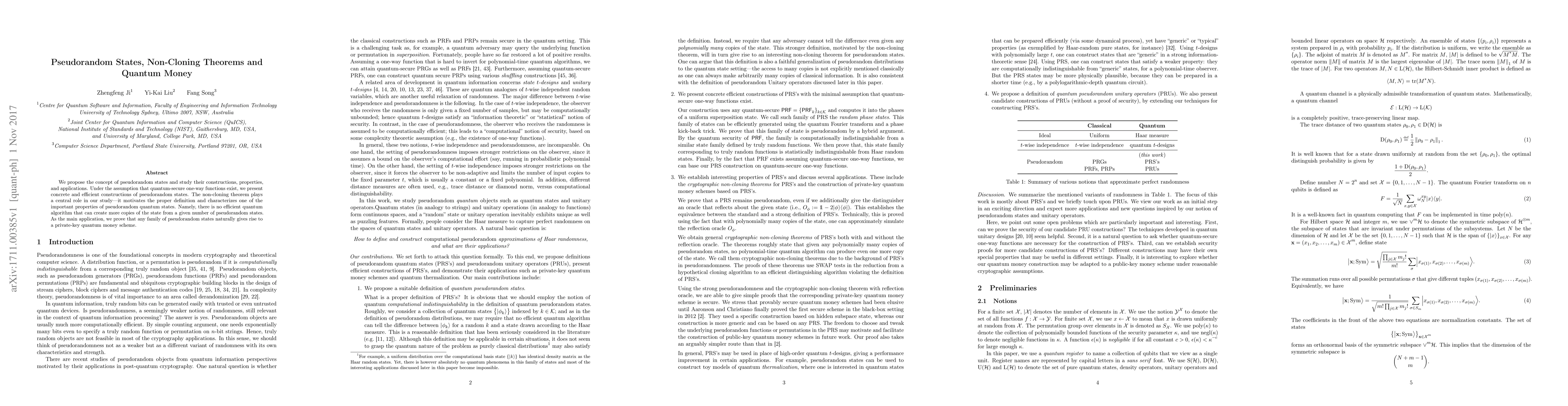 Thumbnail for Pseudorandom States, Non-Cloning Theorems and Quantum Money