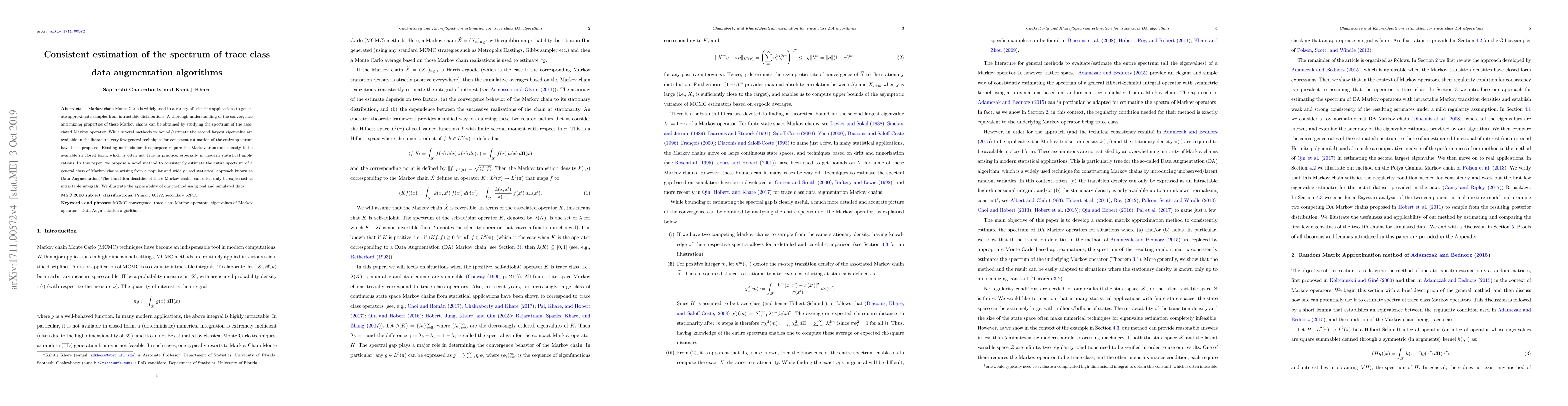 Thumbnail for Consistent estimation of the spectrum of trace class data augmentation
  algorithms