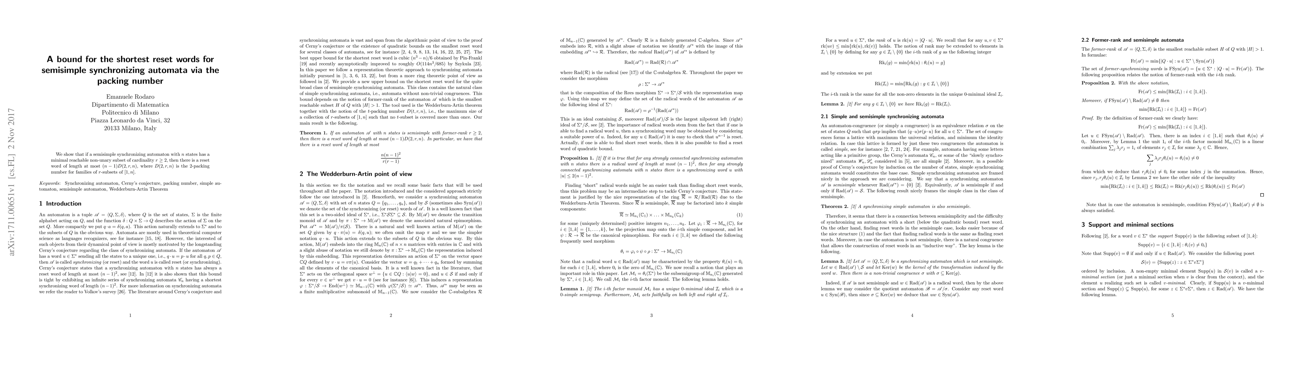 Thumbnail for A bound for the shortest reset words for semisimple synchronizing
  automata via the packing number