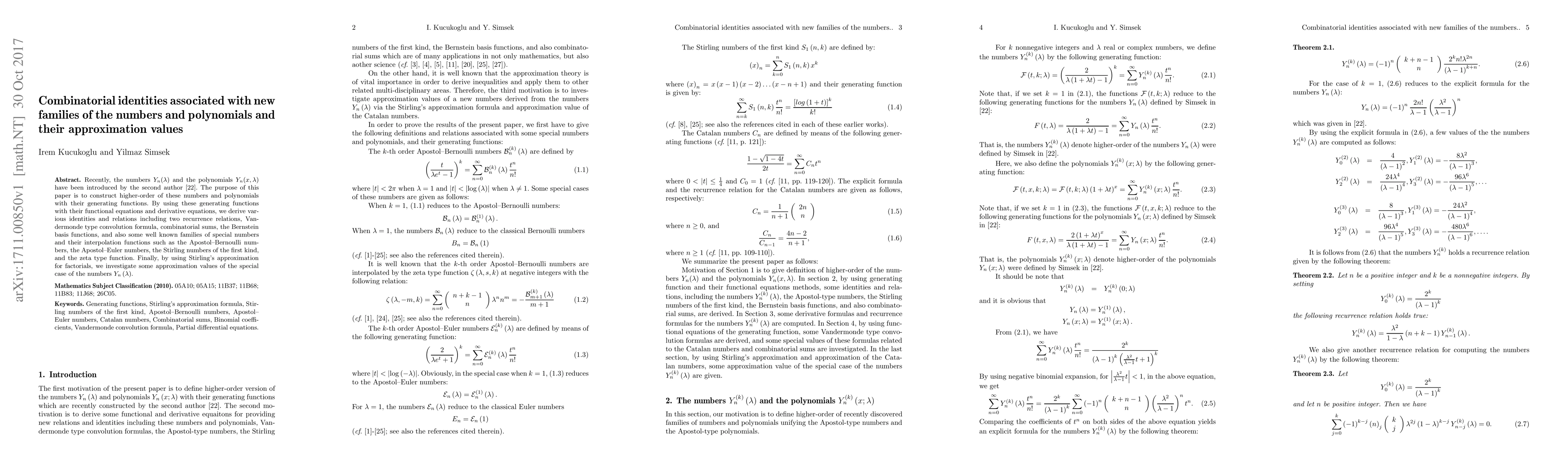 Thumbnail for Combinatorial identities associated with new families of the numbers and
  polynomials and their approximation values
