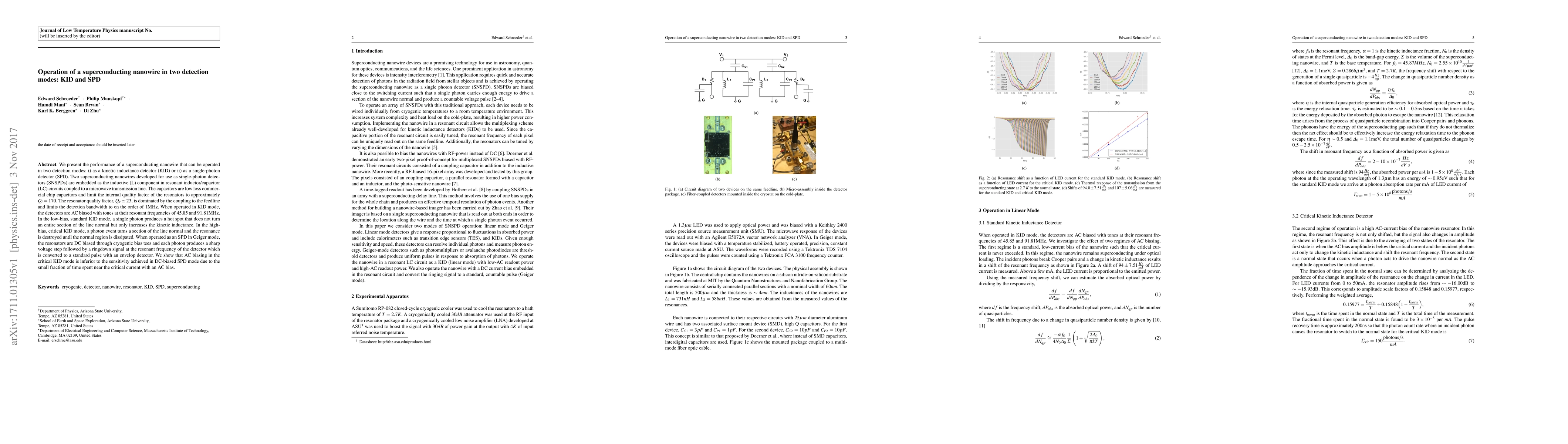Thumbnail for Operation of a superconducting nanowire in two detection modes: KID and
  SPD