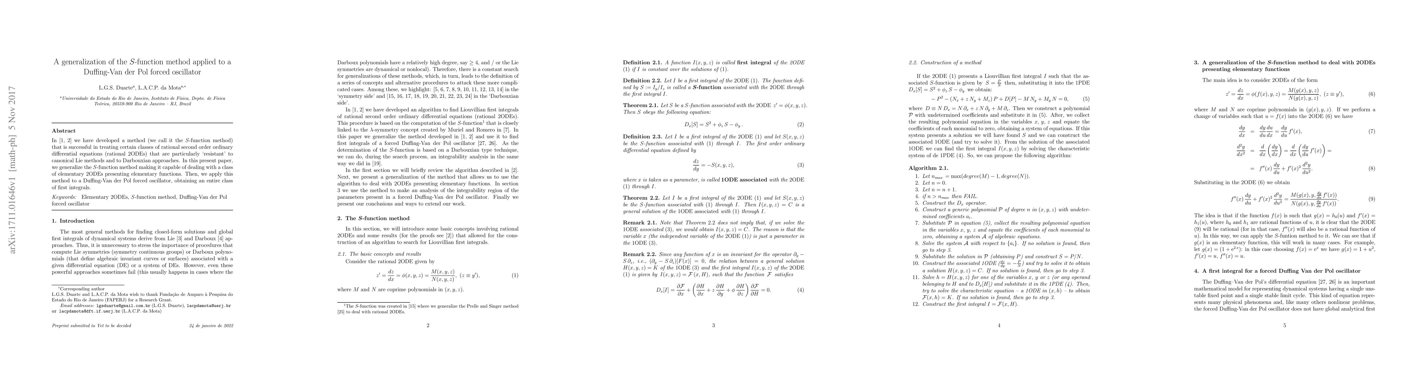 Thumbnail for A generalization of the S-function method applied to a Duffing-Van der
  Pol forced oscillator