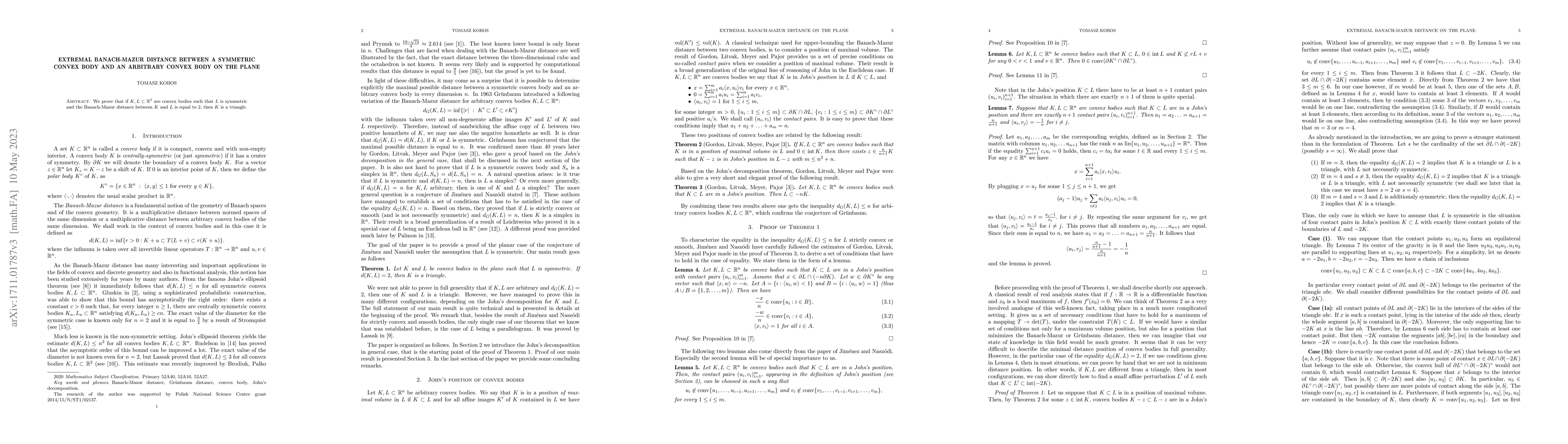 Thumbnail for Extremal Banach-Mazur distance between a symmetric convex body and an
  arbitrary convex body on the plane