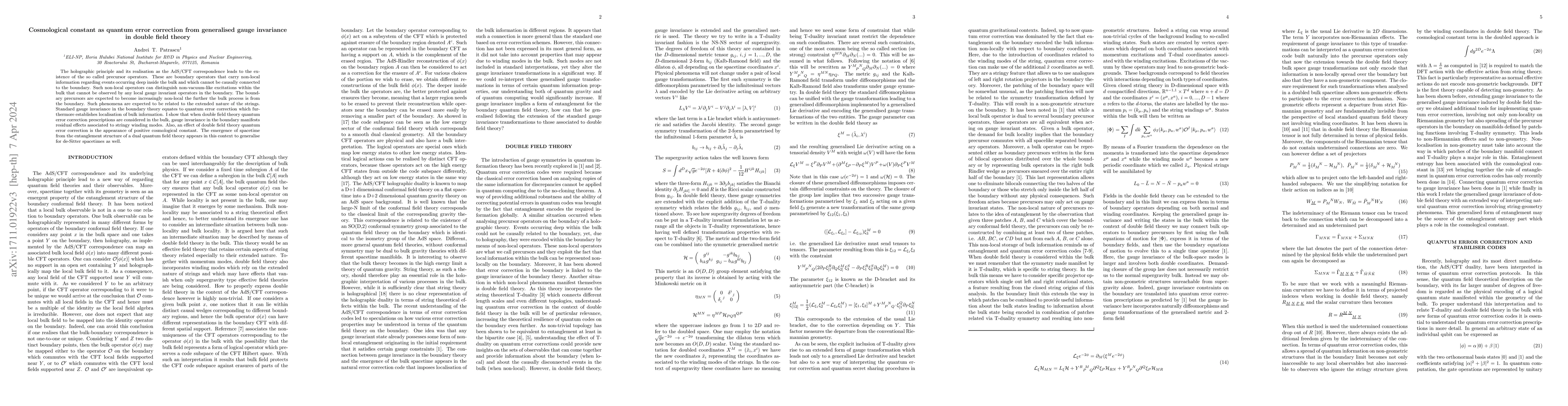 Thumbnail for Cosmological constant as quantum error correction from generalised gauge
  invariance in double field theory