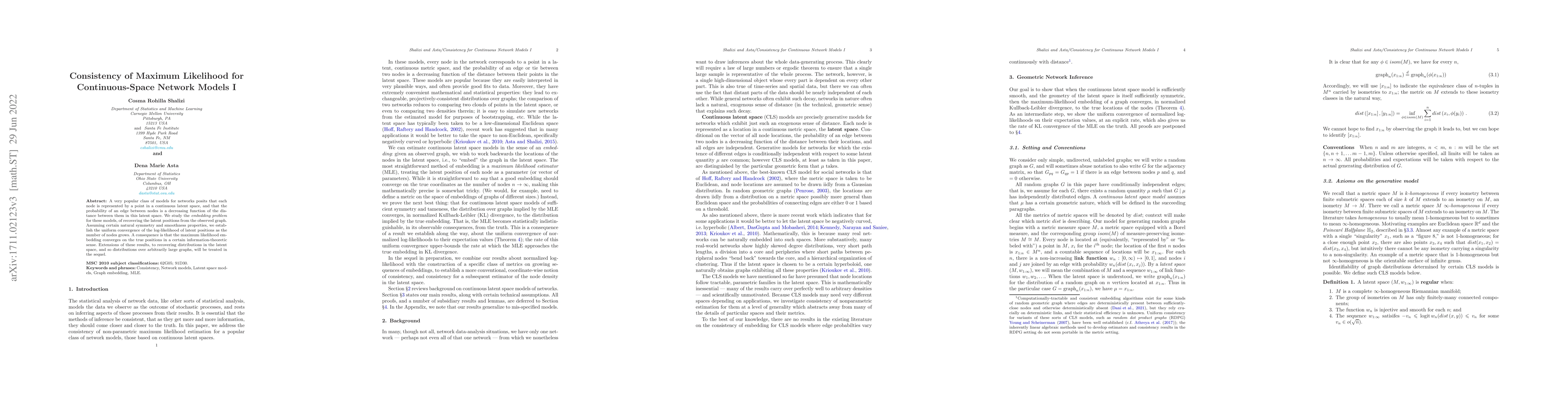 Thumbnail for Consistency of Maximum Likelihood for Continuous-Space Network Models I
