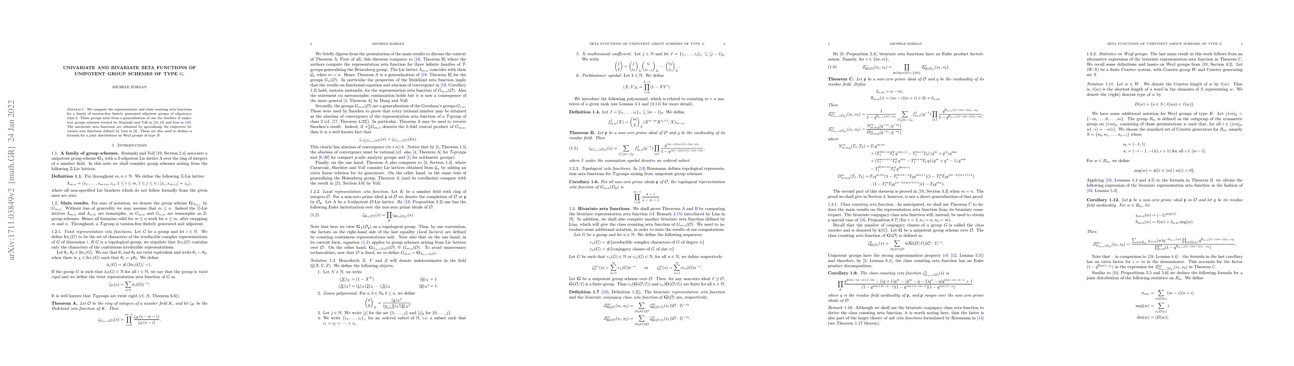 Thumbnail for Univariate and bivariate zeta functions of unipotent group schemes of
  type $G$