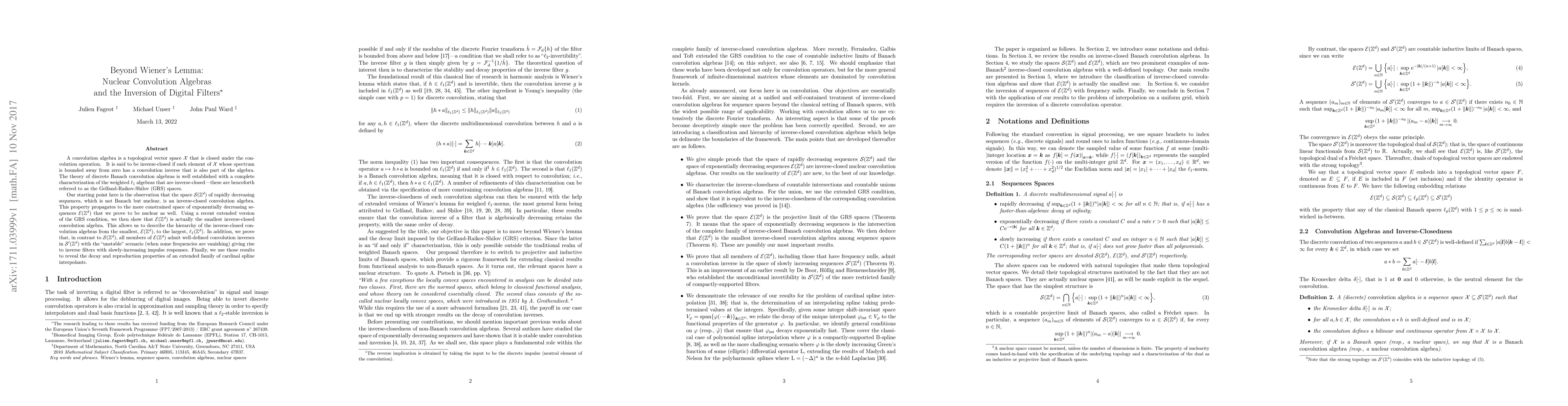 Thumbnail for Beyond Wiener's Lemma: Nuclear Convolution Algebras and the Inversion of
  Digital Filters