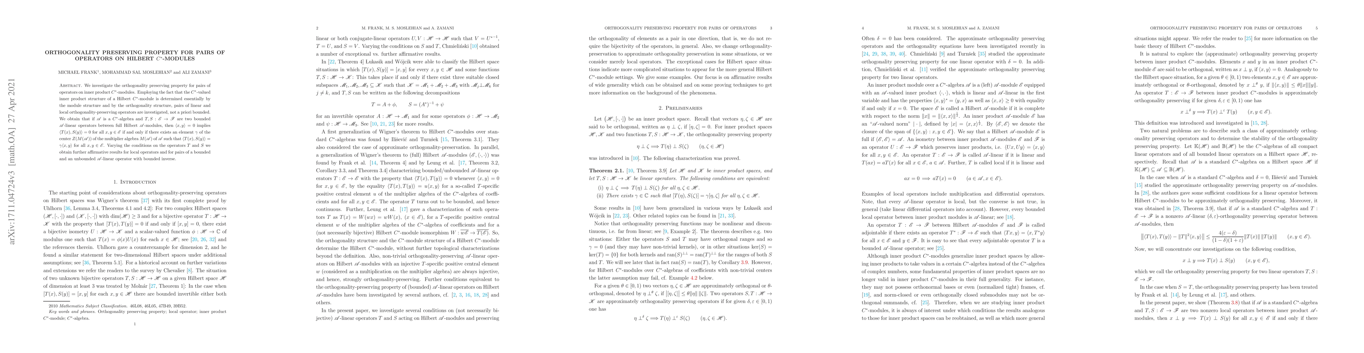 Thumbnail for Orthogonality preserving property for pairs of operators on Hilbert
  $C^*$-modules