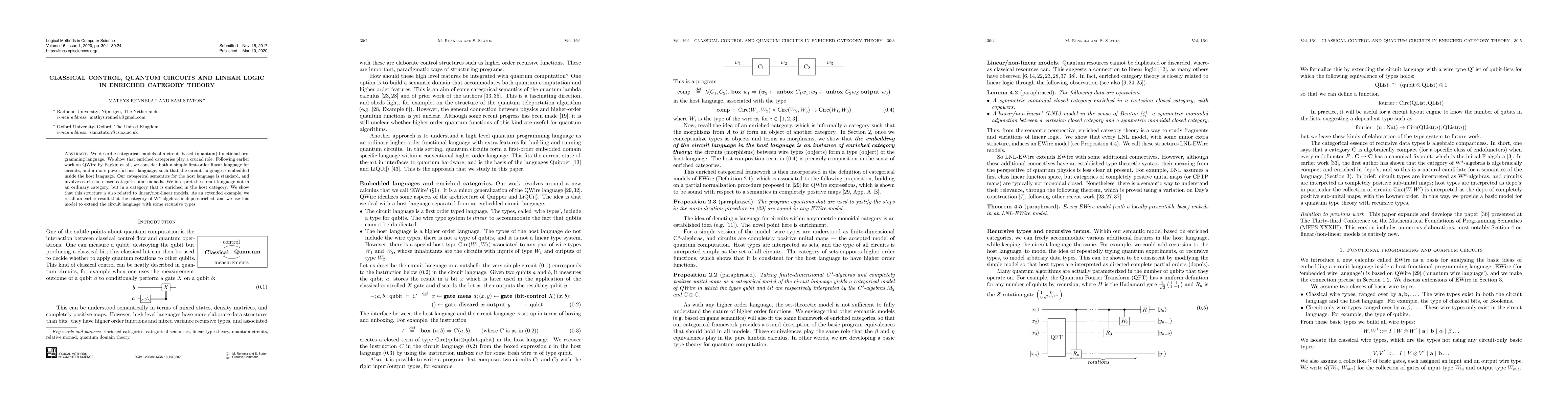 Thumbnail for Classical Control, Quantum Circuits and Linear Logic in Enriched
  Category Theory