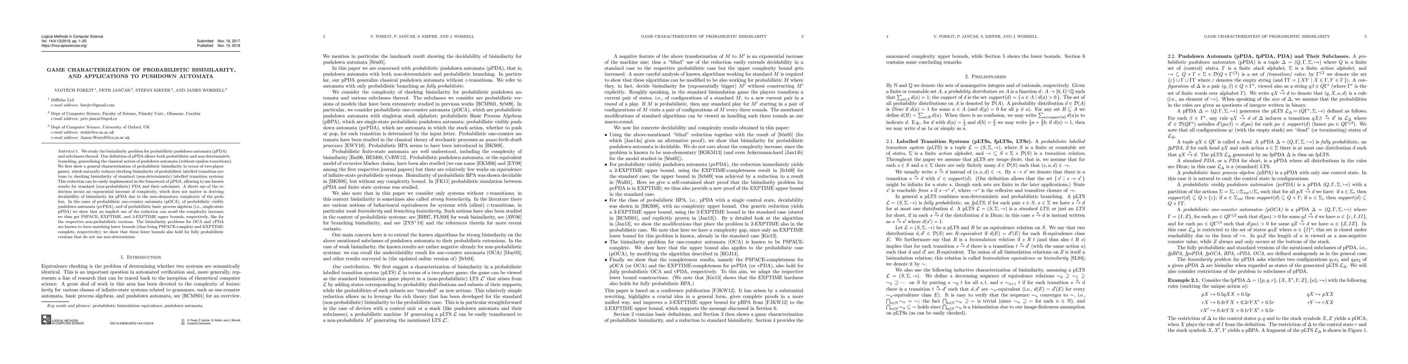 Thumbnail for Game Characterization of Probabilistic Bisimilarity, and Applications to
  Pushdown Automata