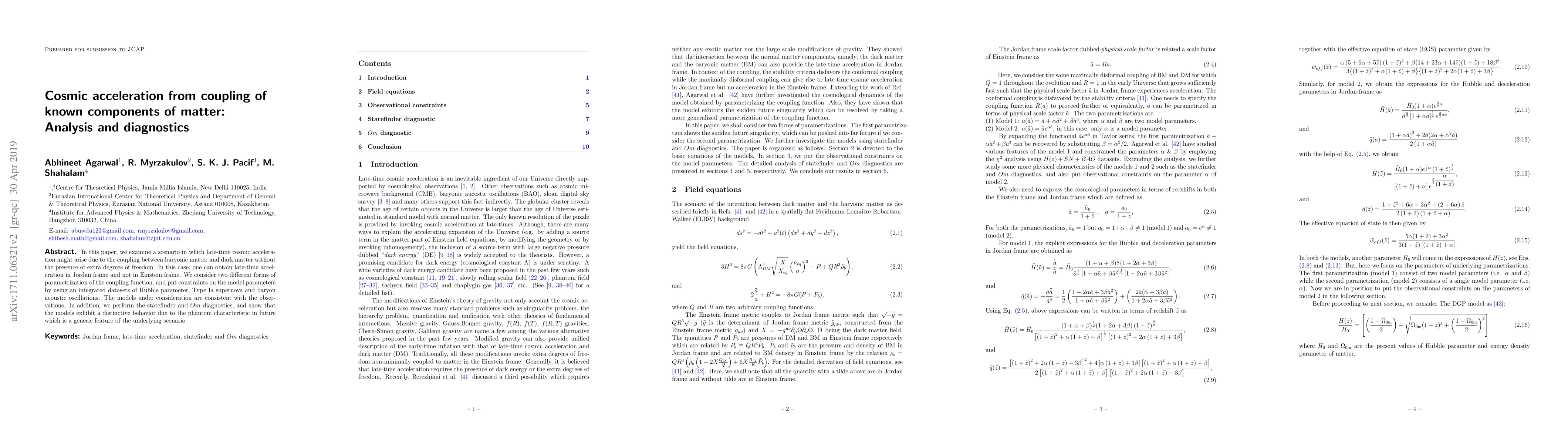 Thumbnail for Cosmic acceleration from coupling of baryonic and dark matter
  components: Analysis and diagnostics