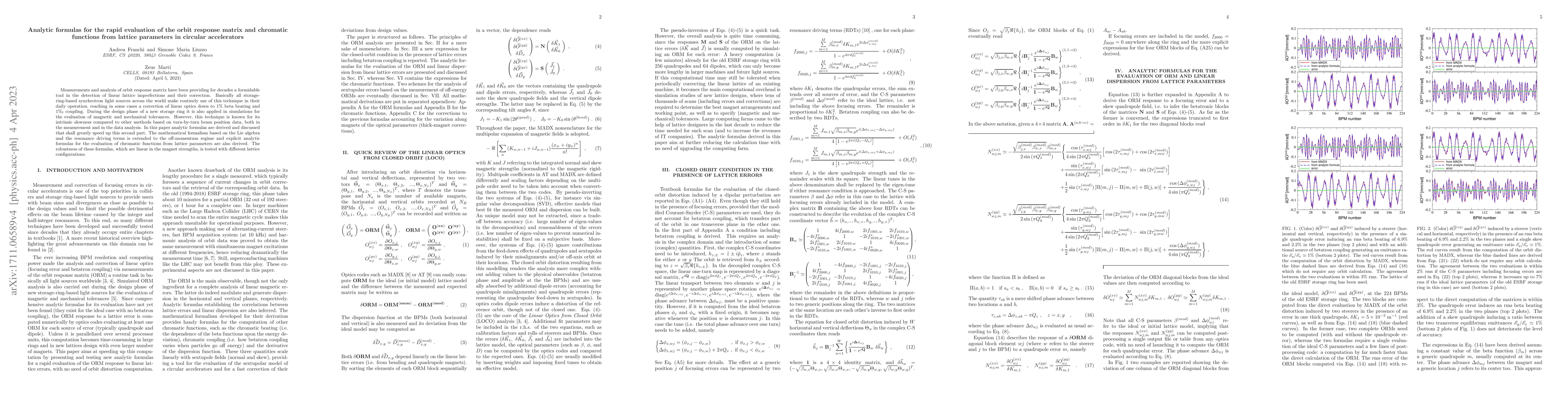 Thumbnail for Analytic formulas for the rapid evaluation of the orbit response matrix
  and chromatic functions from lattice parameters in circular accelerators