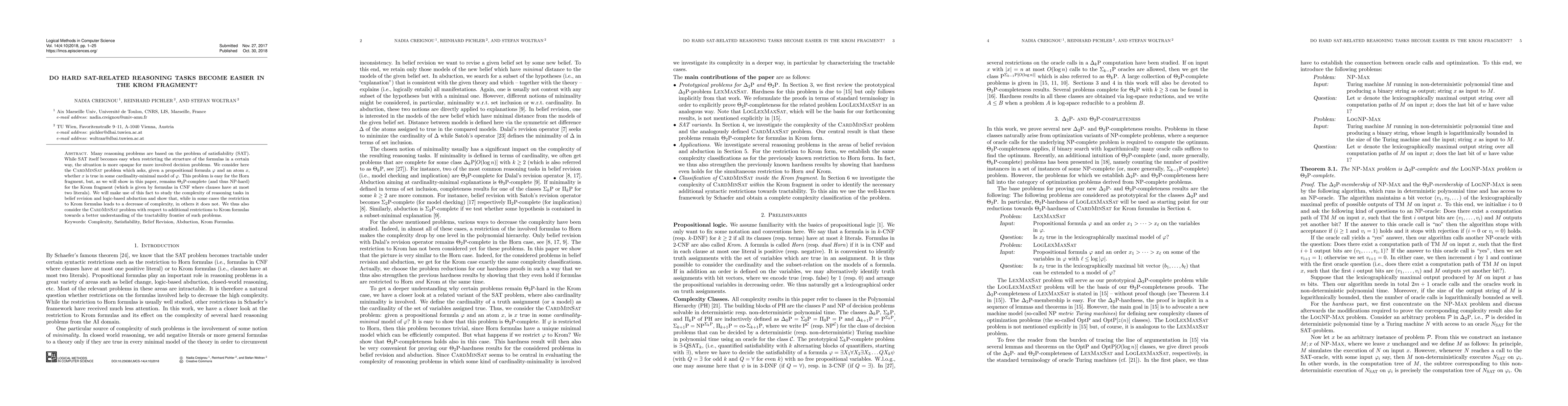 Thumbnail for Do Hard SAT-Related Reasoning Tasks Become Easier in the Krom Fragment?