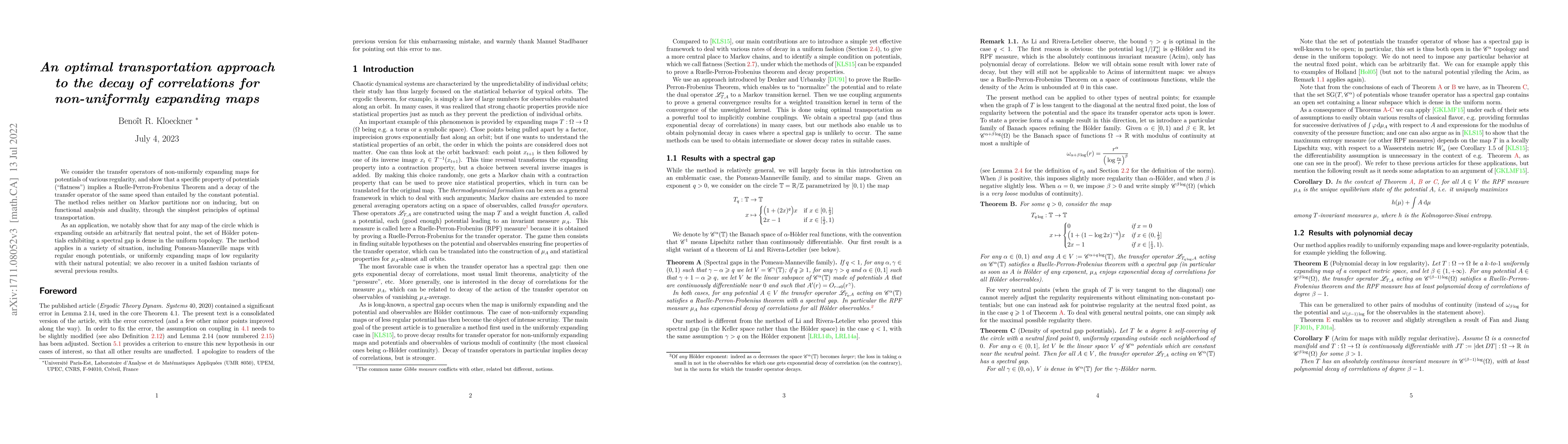 Thumbnail for An optimal transportation approach to the decay of correlations for
  non-uniformly expanding maps