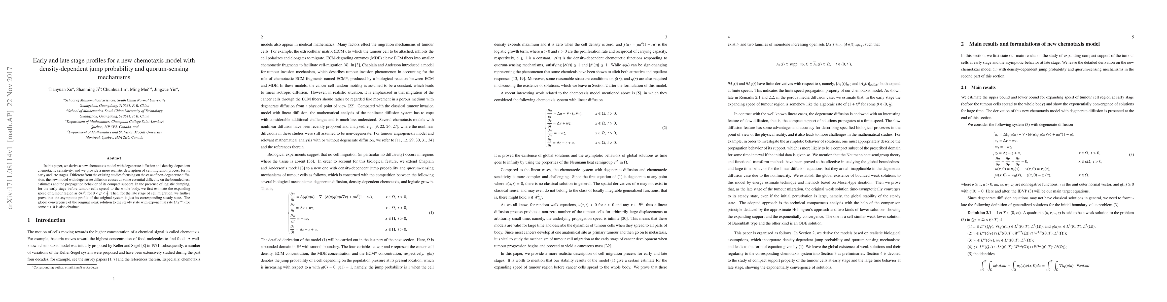 Thumbnail for Early and late stage profiles for a new chemotaxis model with
  density-dependent jump probability and quorum-sensing mechanisms