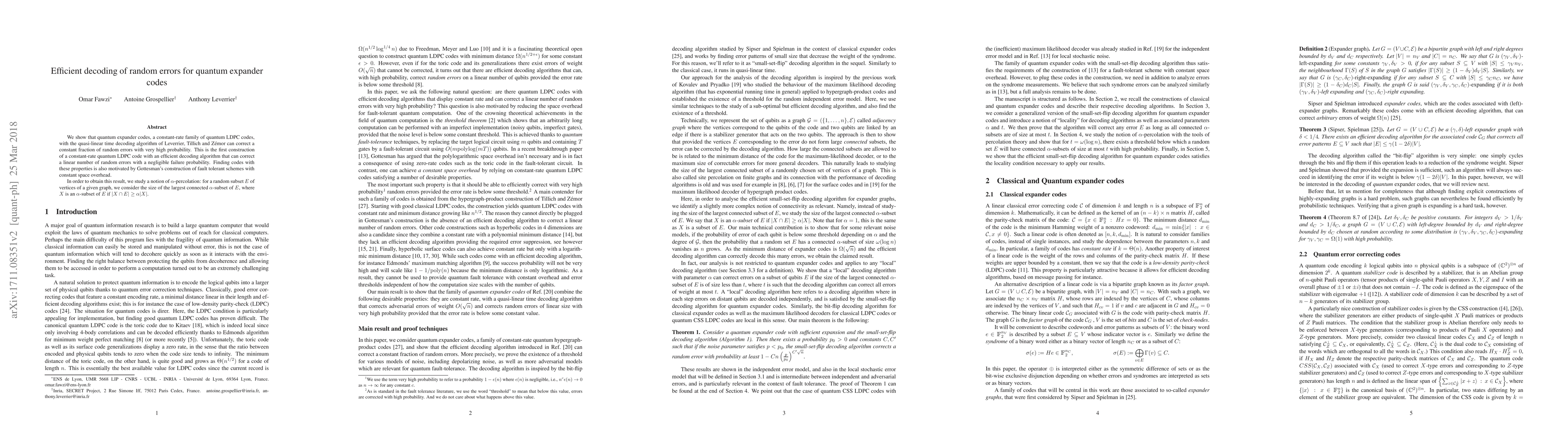 Thumbnail for Efficient decoding of random errors for quantum expander codes