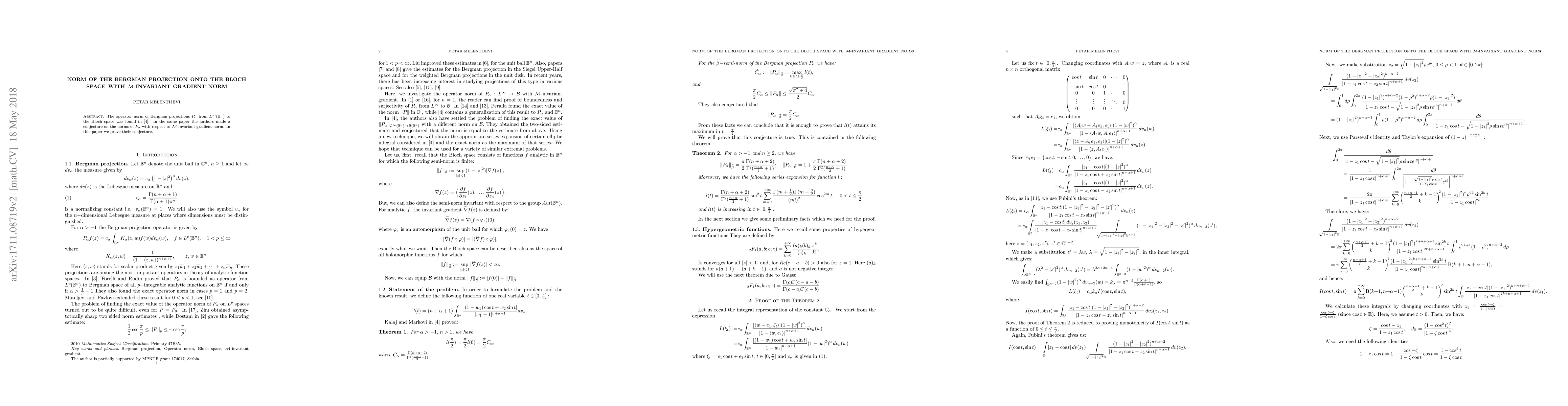 Thumbnail for Norm of the Bergman projection onto the Bloch space with
  $\mathcal{M}-$invariant gradient