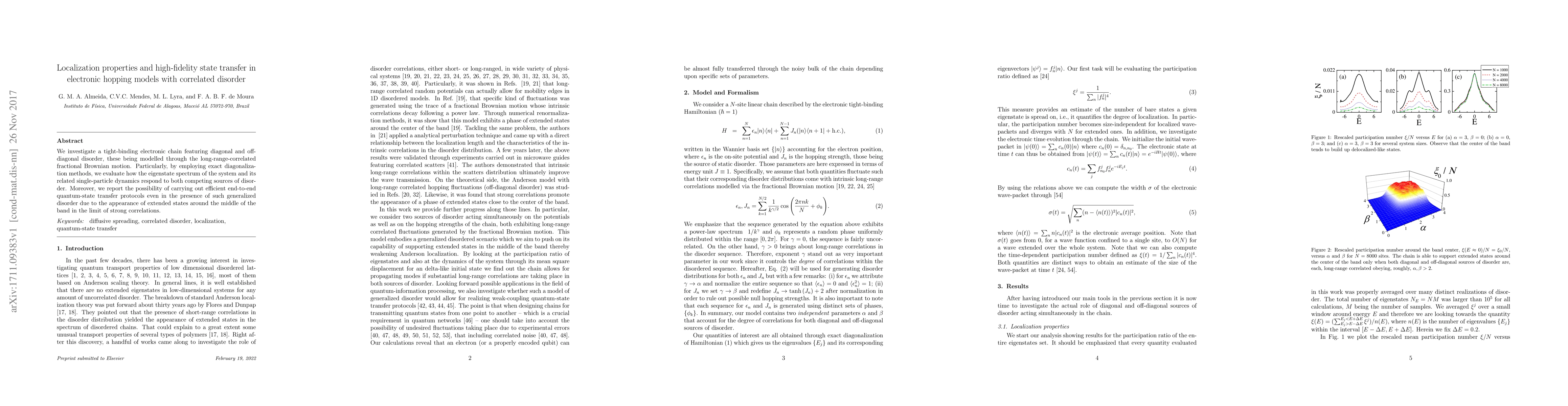 Thumbnail for Localization properties and high-fidelity state transfer in electronic
  hopping models with correlated disorder