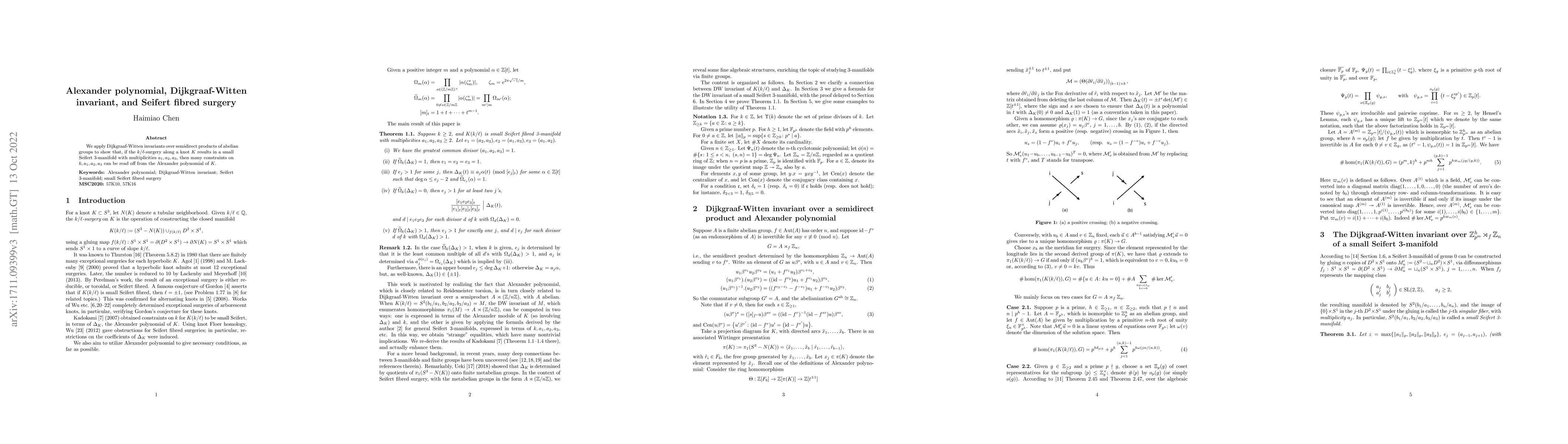 Thumbnail for Alexander polynomial, Dijkgraaf-Witten invariant, and Seifert fibred
  surgery