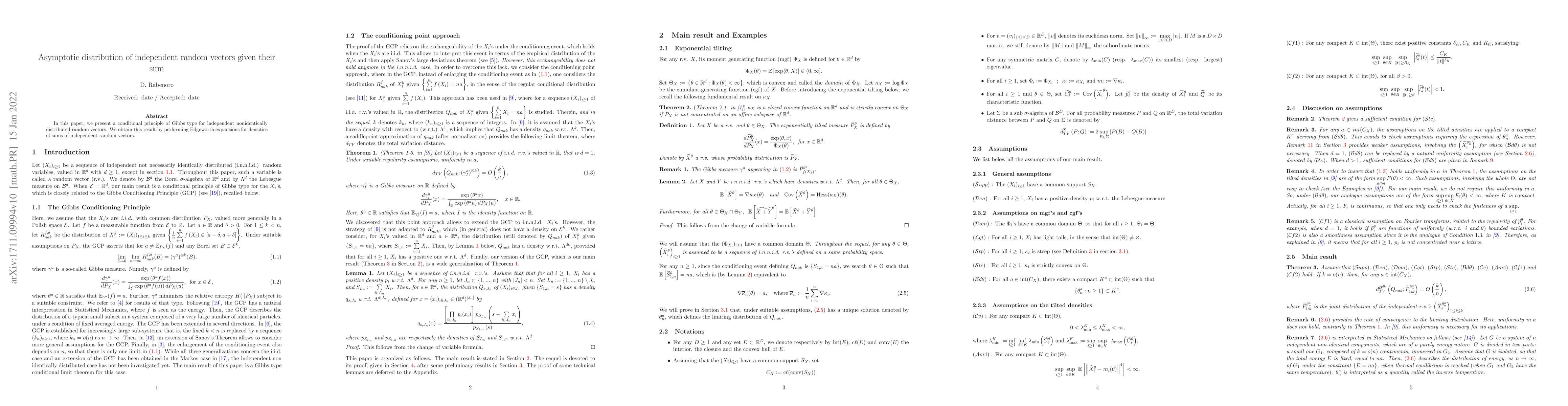 Thumbnail for Asymptotic distribution of independent random vectors given their sum