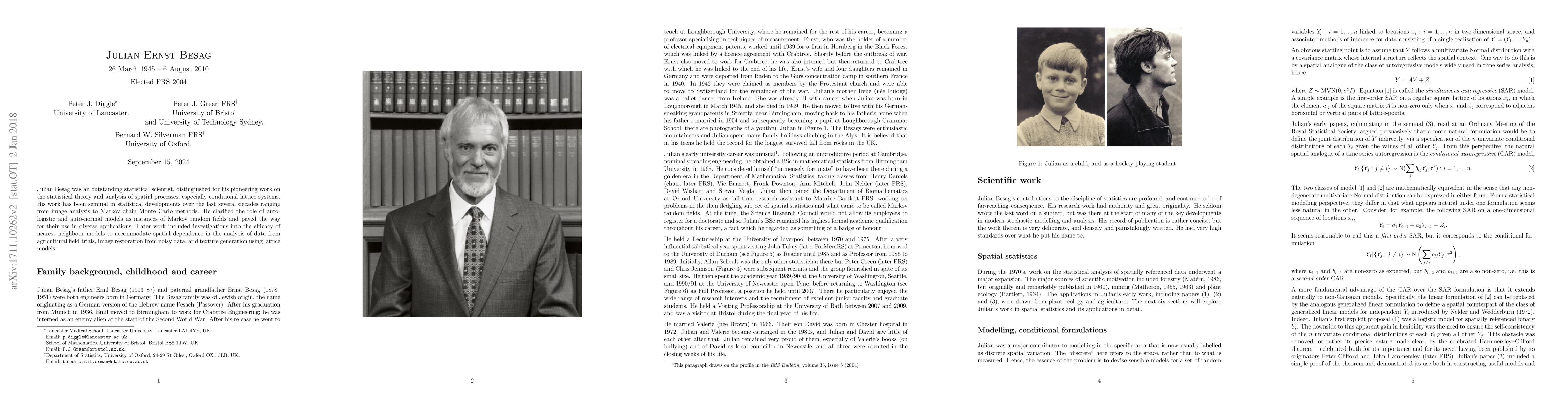 Thumbnail for Julian Ernst Besag, 26 March 1945 -- 6 August 2010, a biographical
  memoir