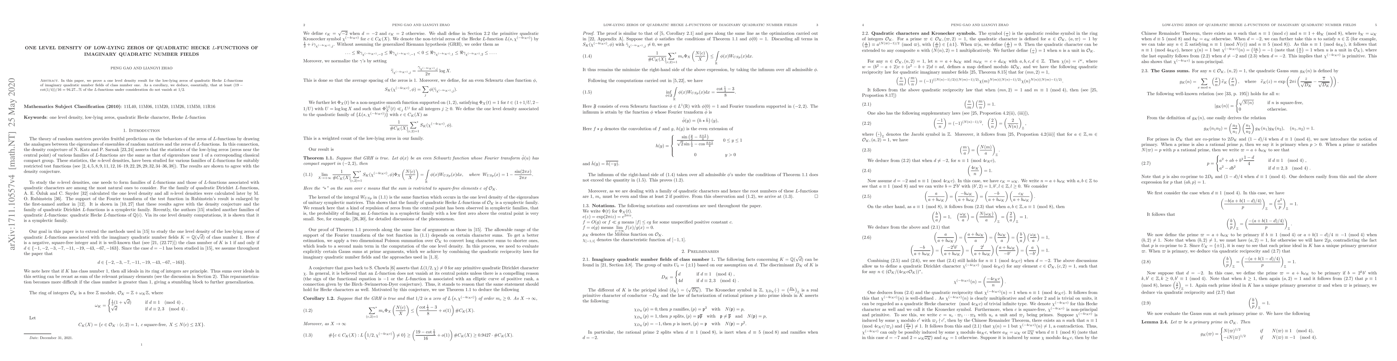 Thumbnail for One level density of low-lying zeros of quadratic Hecke $L$-functions of
  Imaginary Quadratic Number Fields