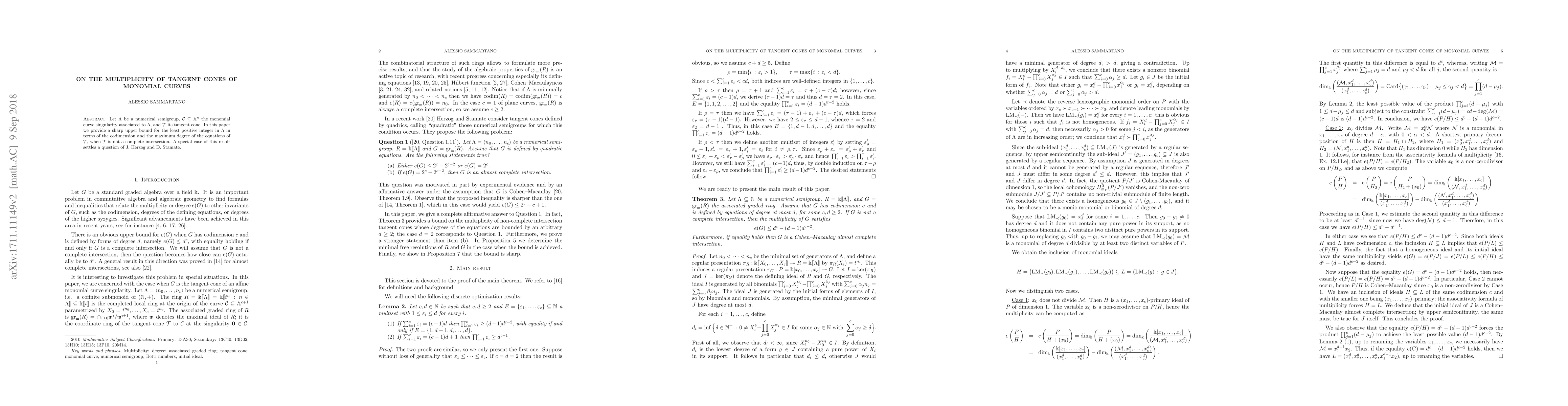 Thumbnail for On the multiplicity of tangent cones of monomial curves