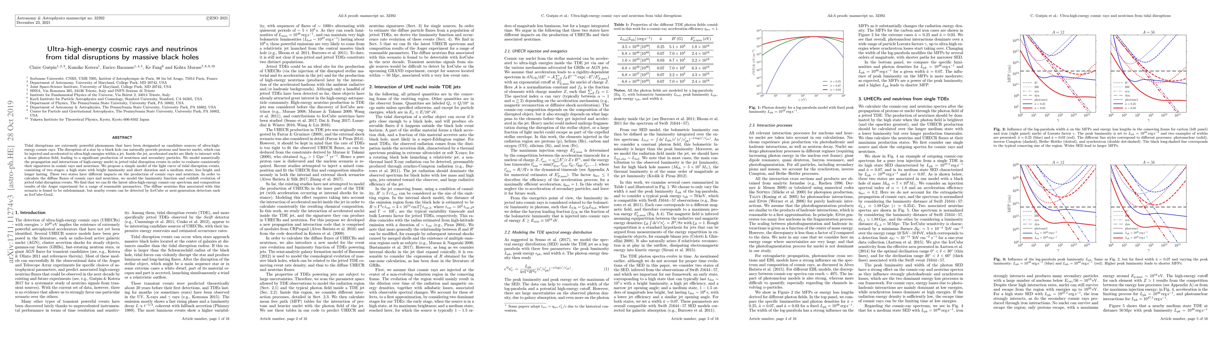 Thumbnail for Ultra-High Energy Cosmic Rays and Neutrinos from Tidal Disruptions by
  Massive Black Holes