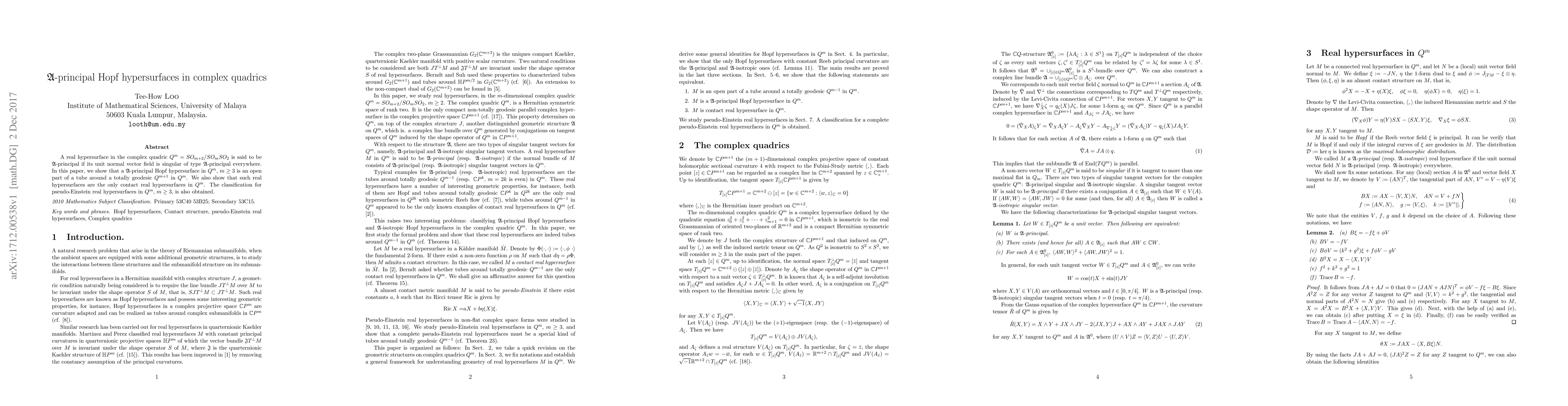 Thumbnail for $\mathfrak A$-principal Hopf hypersurfaces in complex quadrics