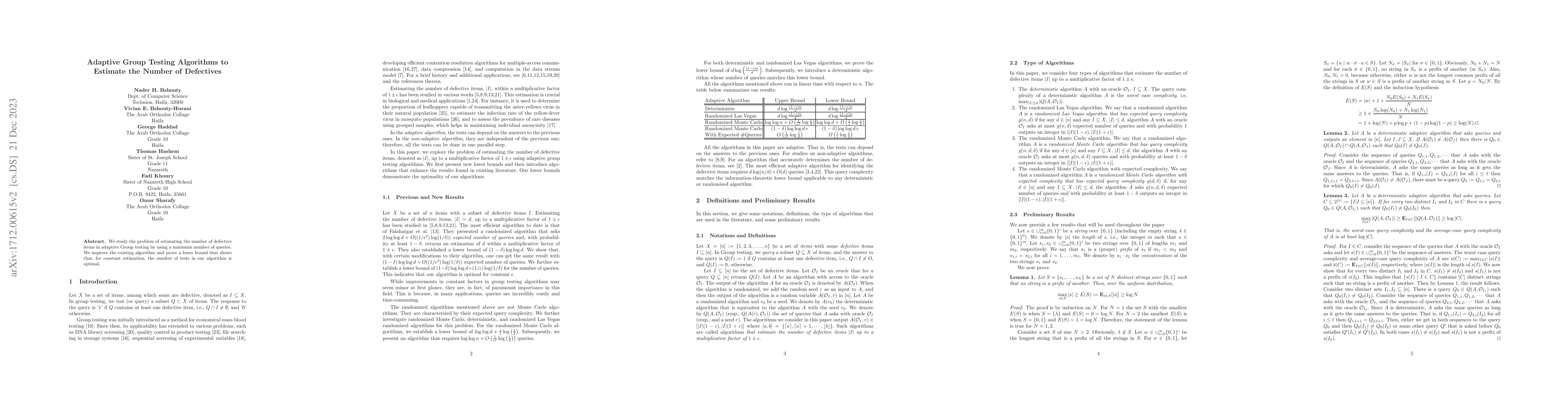 Thumbnail for Adaptive Group Testing Algorithms to Estimate the Number of Defectives