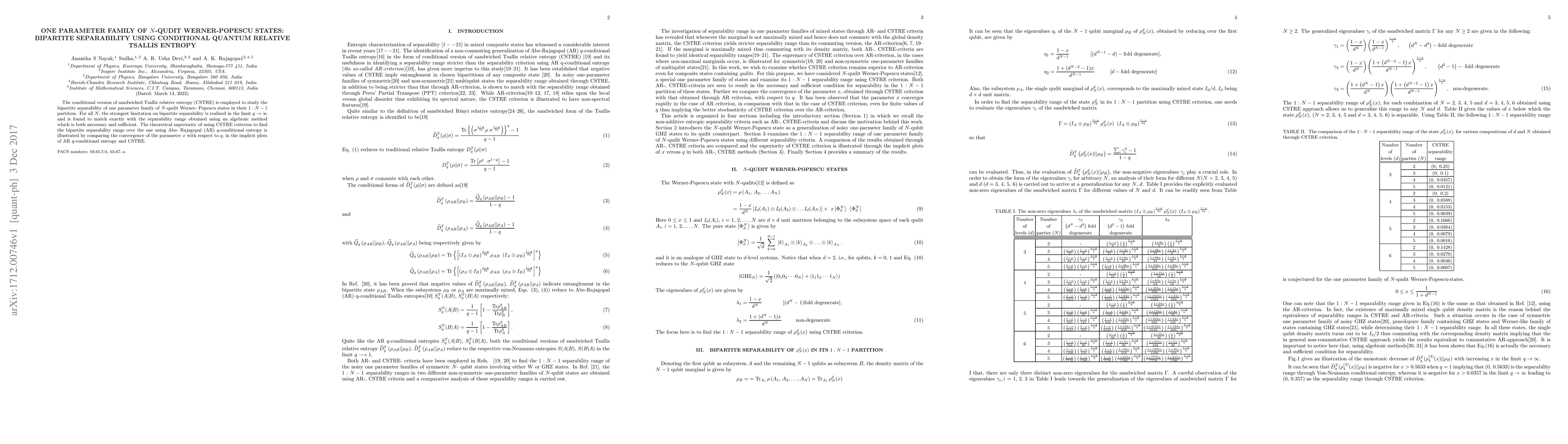 Thumbnail for One Parameter family of N-qudit Werner-Popescu states: Bipartite
  separability using conditional quantum relative Tsallis entropy