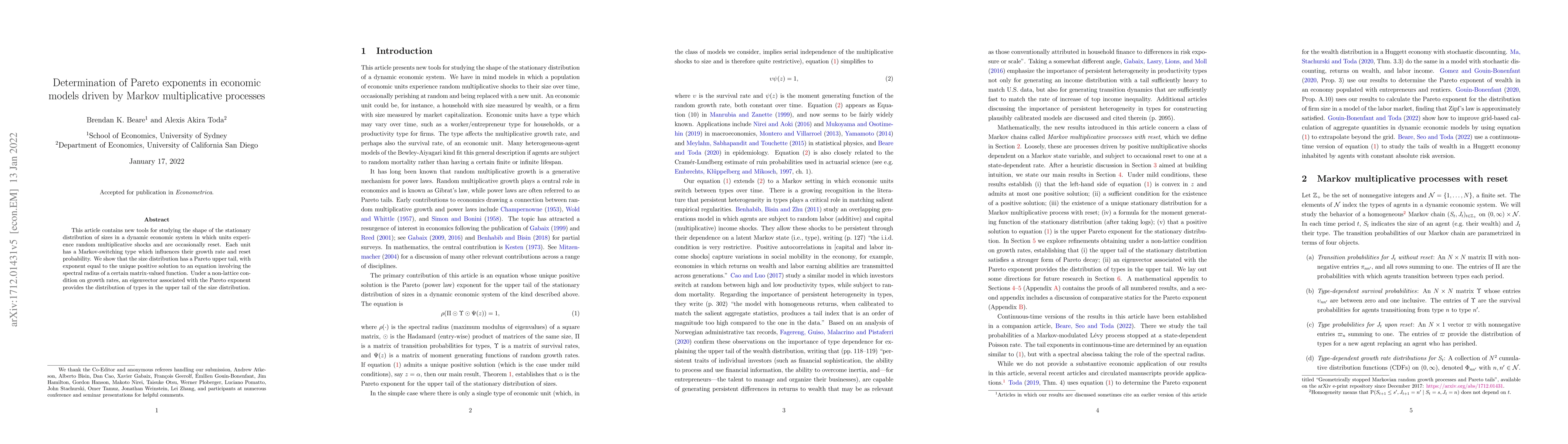 Thumbnail for Determination of Pareto exponents in economic models driven by Markov
  multiplicative processes