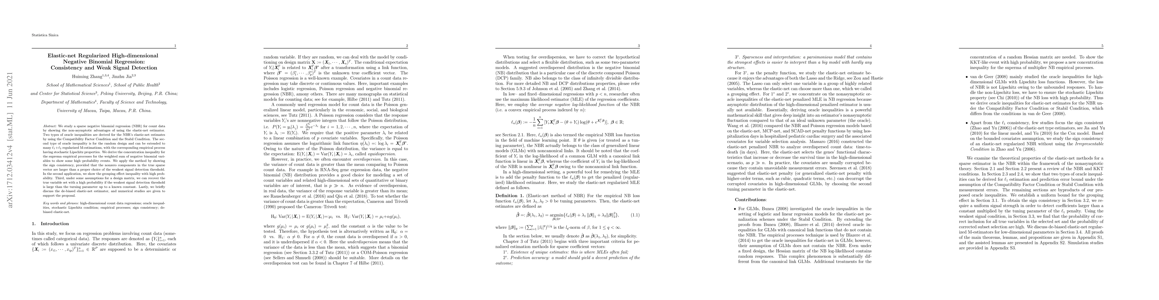 Thumbnail for Elastic-net Regularized High-dimensional Negative Binomial Regression:
  Consistency and Weak Signals Detection