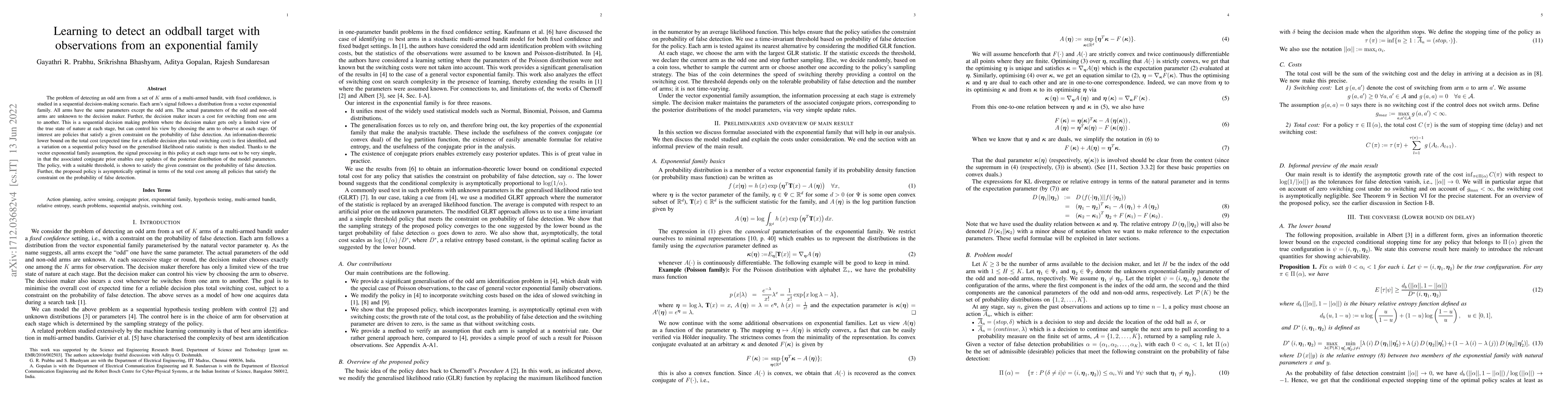 Thumbnail for Learning to detect an oddball target with observations from an
  exponential family