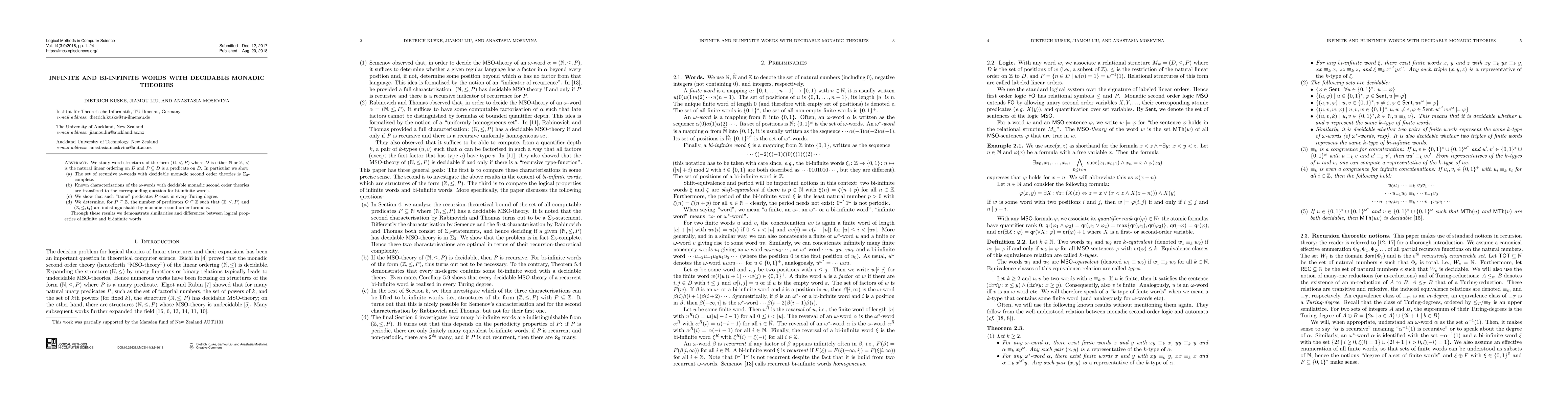 Thumbnail for Infinite and Bi-infinite Words with Decidable Monadic Theories