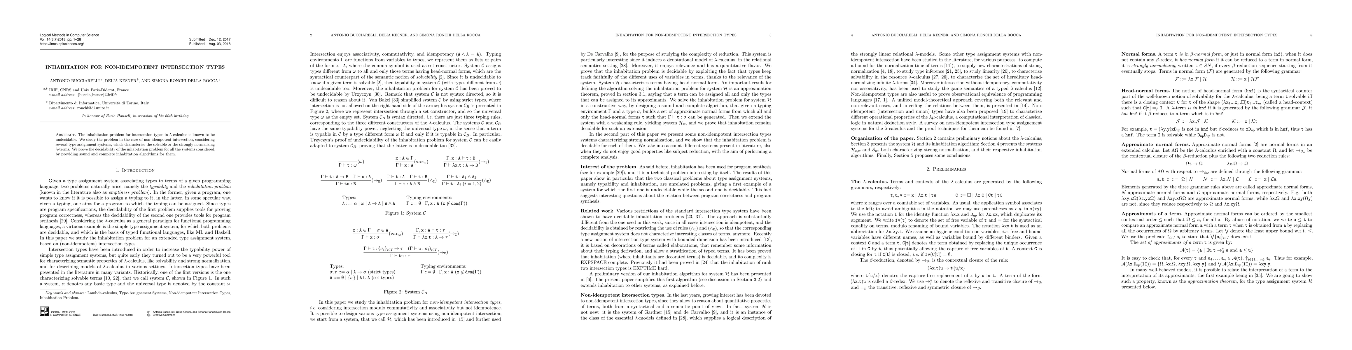 Thumbnail for Inhabitation for Non-idempotent Intersection Types