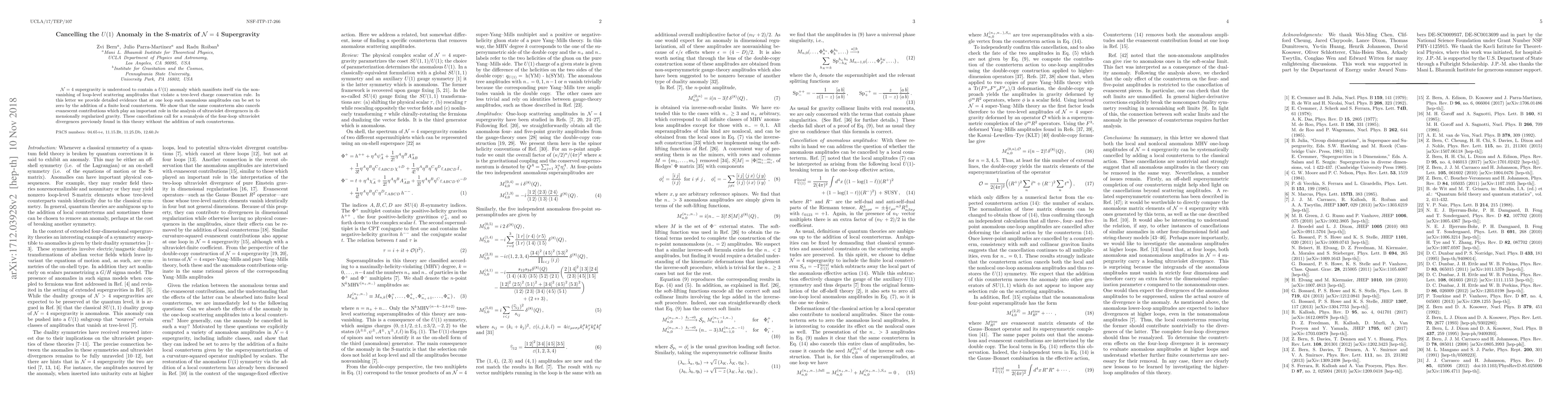 Thumbnail for Cancelling the U(1) Anomaly in the S-matrix of N=4 Supergravity