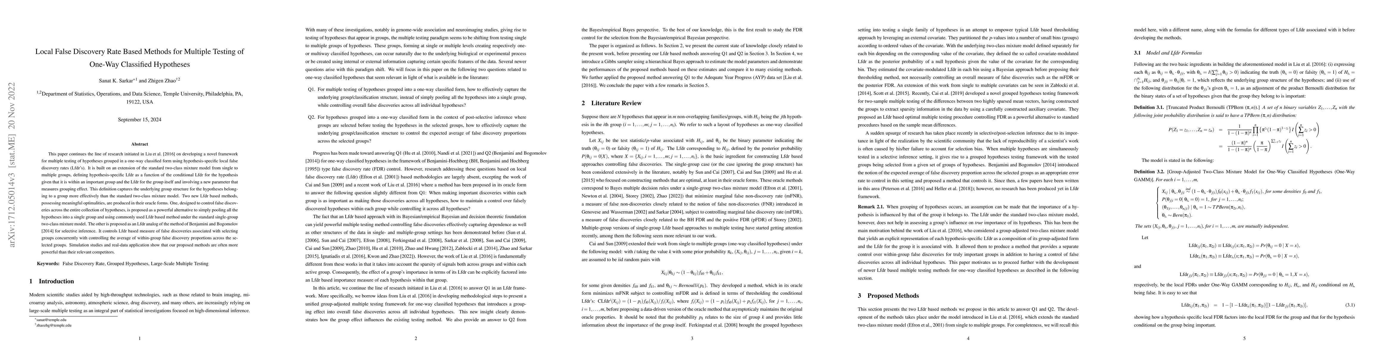 Thumbnail for Local False Discovery Rate Based Methods for Multiple Testing of One-Way
  Classified Hypotheses
