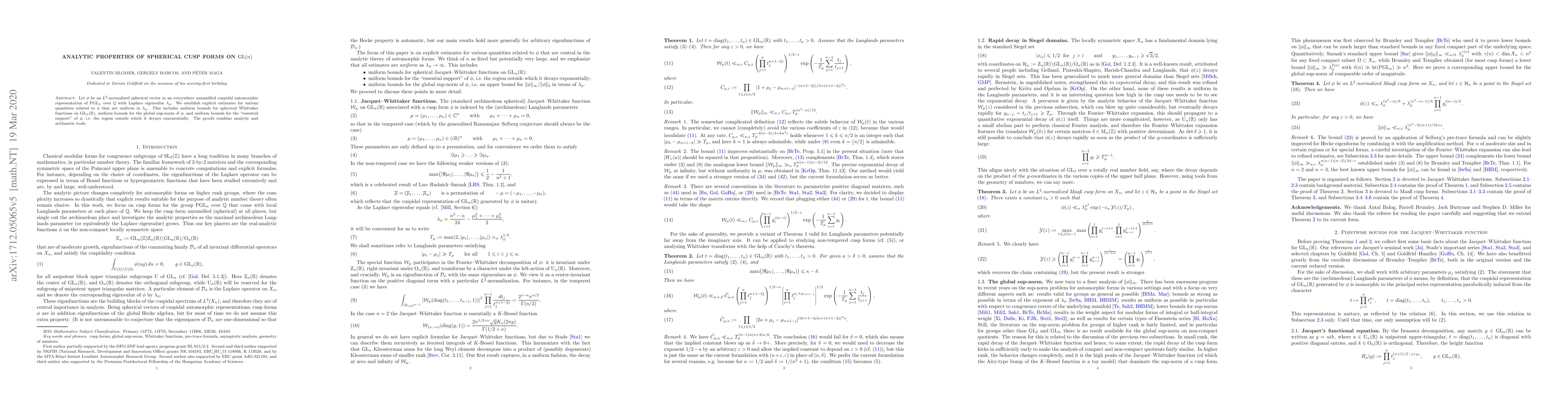 Thumbnail for Analytic properties of spherical cusp forms on GL(n)