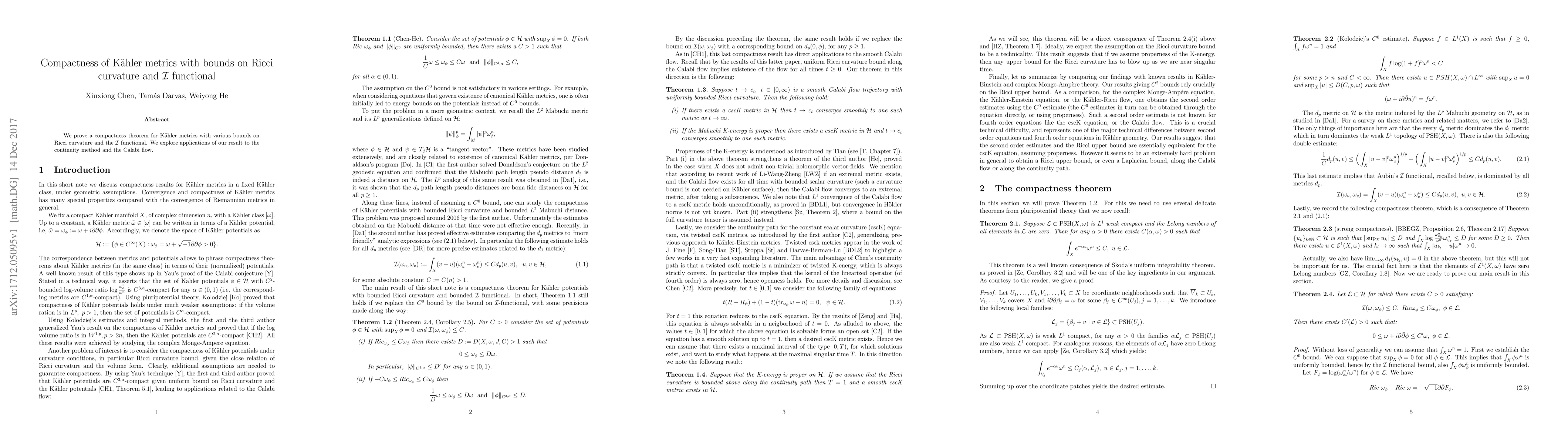 Thumbnail for Compactness of K\"ahler metrics with bounds on Ricci curvature and I
  functional