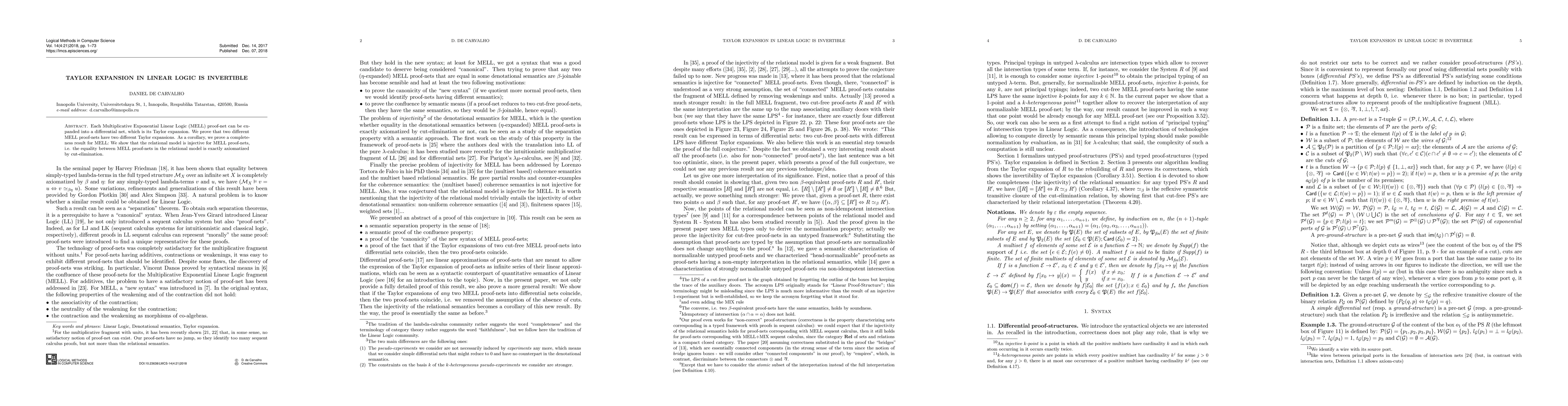 Thumbnail for Taylor expansion in linear logic is invertible