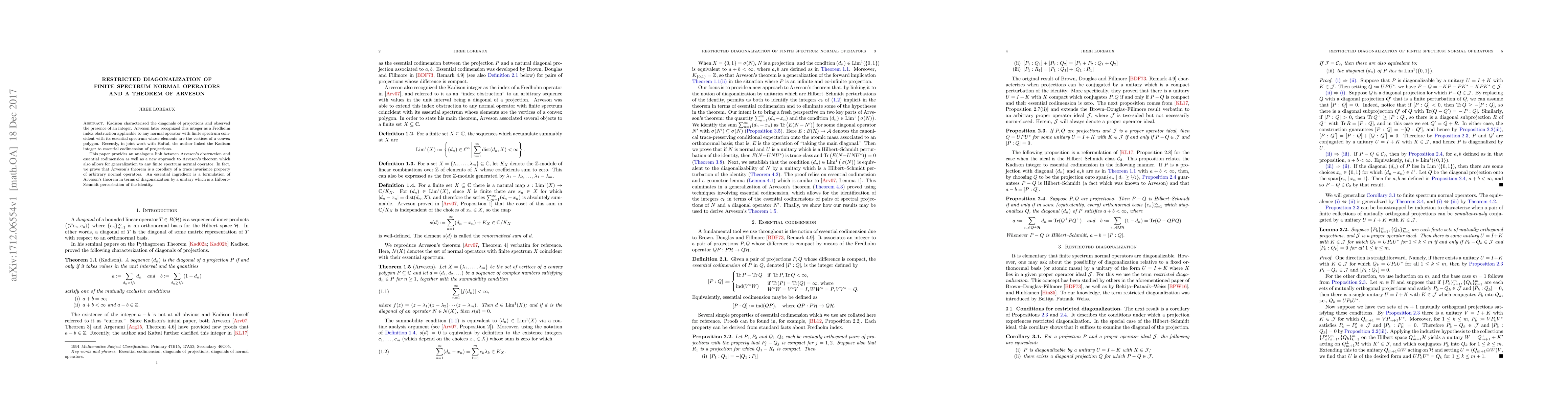 Thumbnail for Restricted diagonalization of finite spectrum normal operators and a
  theorem of Arveson