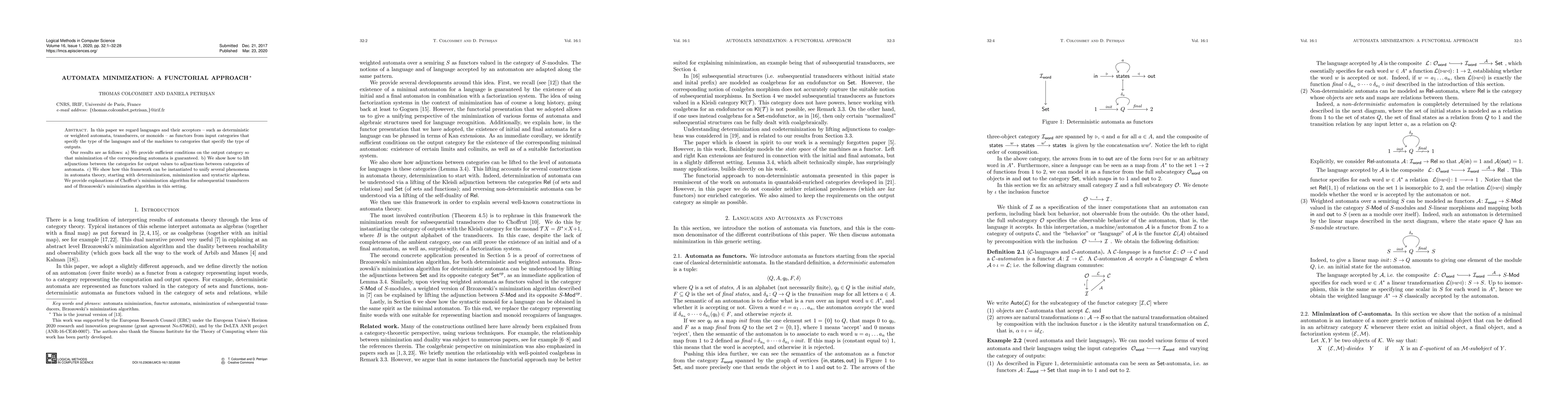 Thumbnail for Automata Minimization: a Functorial Approach