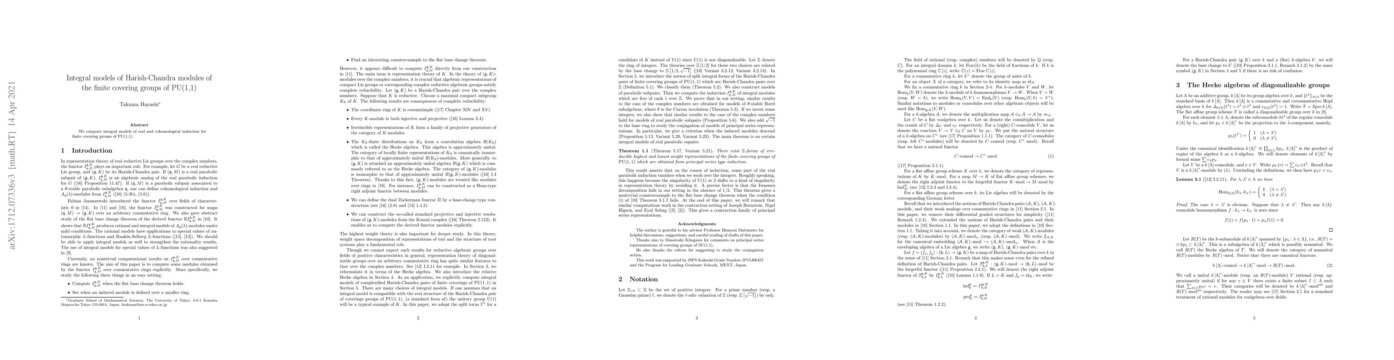 Thumbnail for Integral models of Harish-Chandra modules of the finite covering groups
  of PU(1,1)
