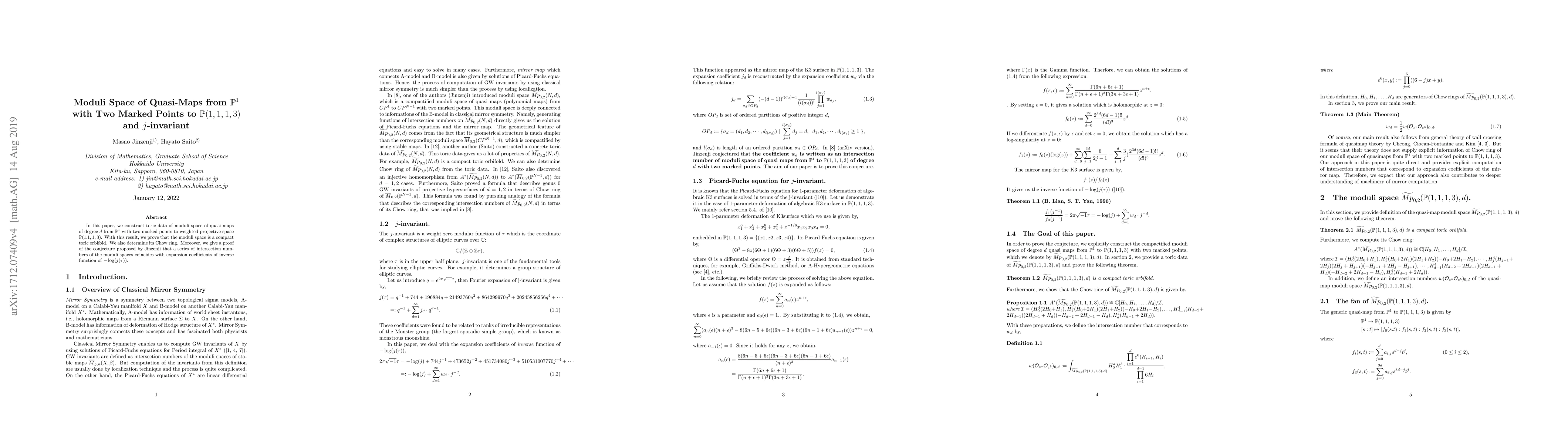 Thumbnail for Moduli Space of Quasi-Maps from P^{1} with Two Marked Points to
  P(1,1,1,3) and j-invariant