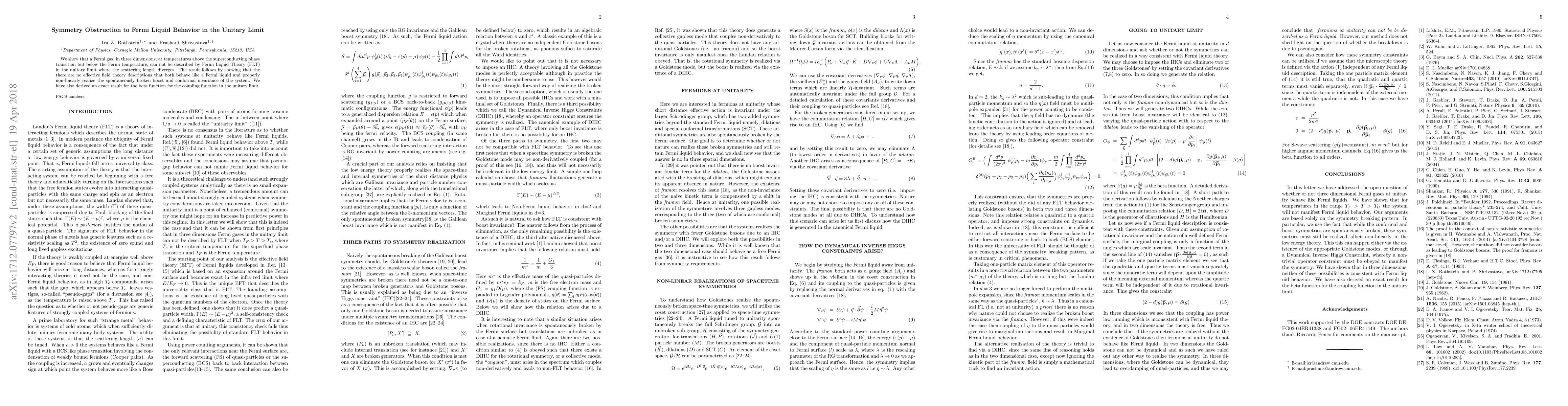 Thumbnail for Symmetry Obstruction to Fermi Liquid Behavior in the Unitary Limit