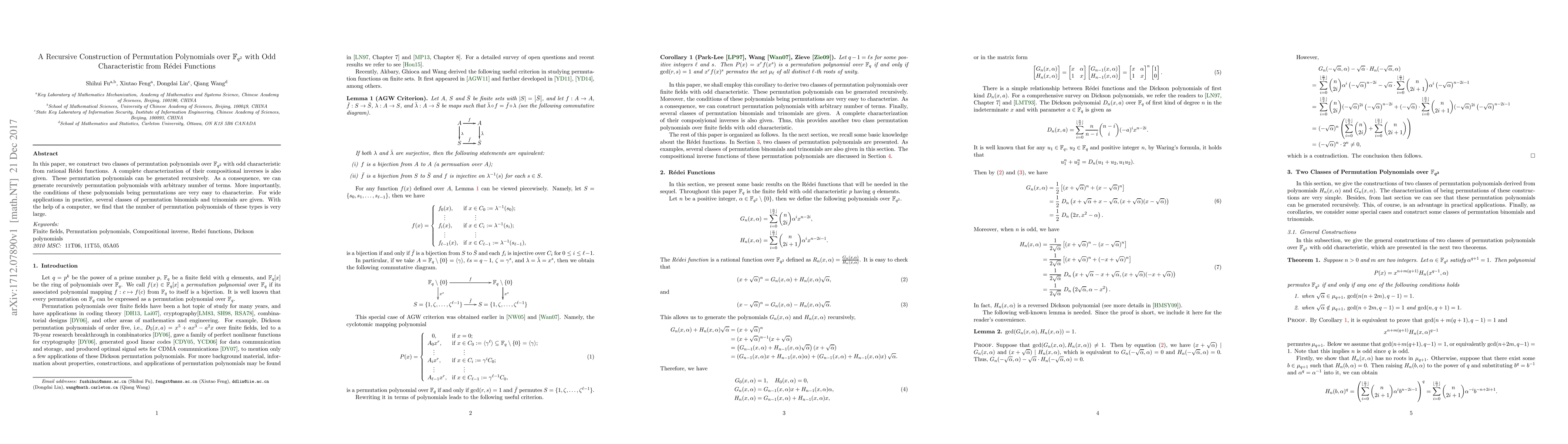 Thumbnail for A Recursive Construction of Permutation Polynomials over
  $\mathbb{F}_{q^2}$ with Odd Characteristic from R\'{e}dei Functions