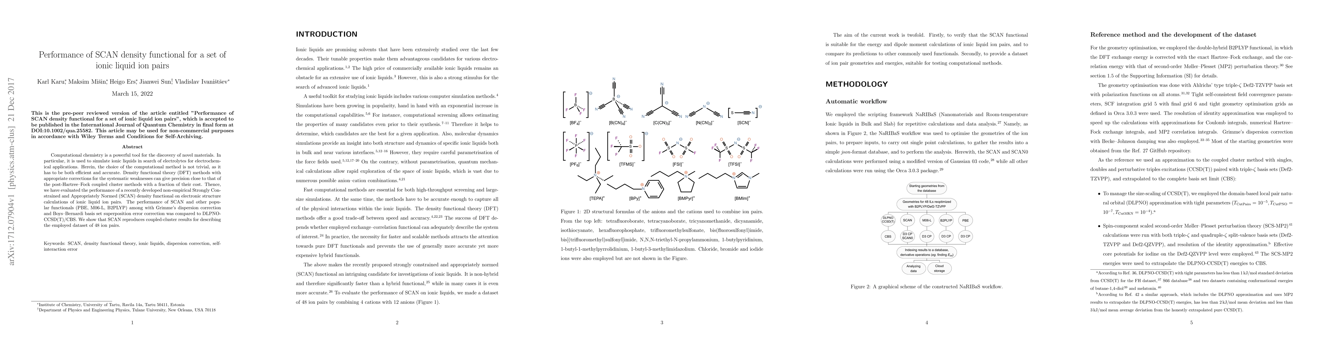 Thumbnail for Performance of SCAN density functional for a set of ionic liquid ion
  pairs