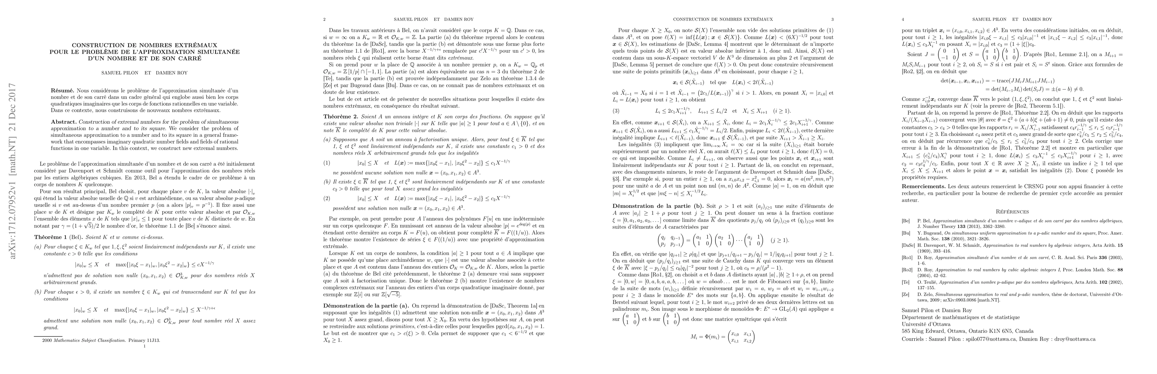 Thumbnail for Construction de nombres extr\'emaux pour le probl\`eme de
  l'approximation simultan\'ee d'un nombre et de son carr\'e